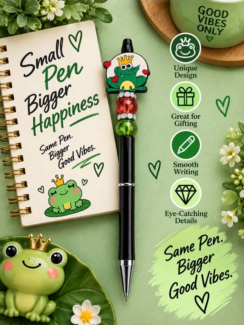Cute Frog Beaded Black Pen - Green & Red Accents!! πΈπ